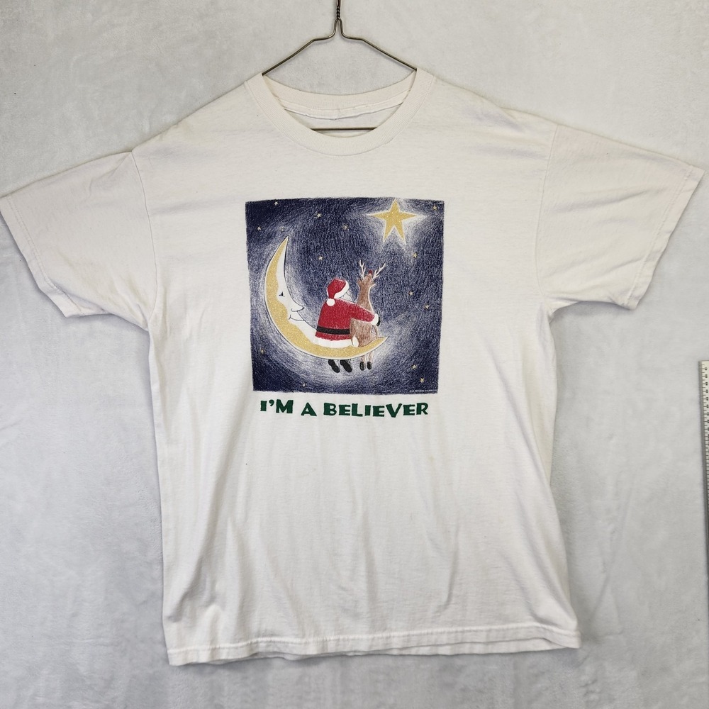 Vintage Christmas Santa Moon T Shirt I'm a Believer Graphic‎ Holiday Tee White